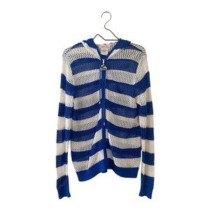 Quacker Factory Blue White Crochet Zip Up Hoodie Women’s Size Large Coverup Top